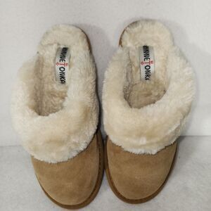 MINNETONKA Leather Upper Slides Slippers #40811 Brown Faux Fur Womens 7
